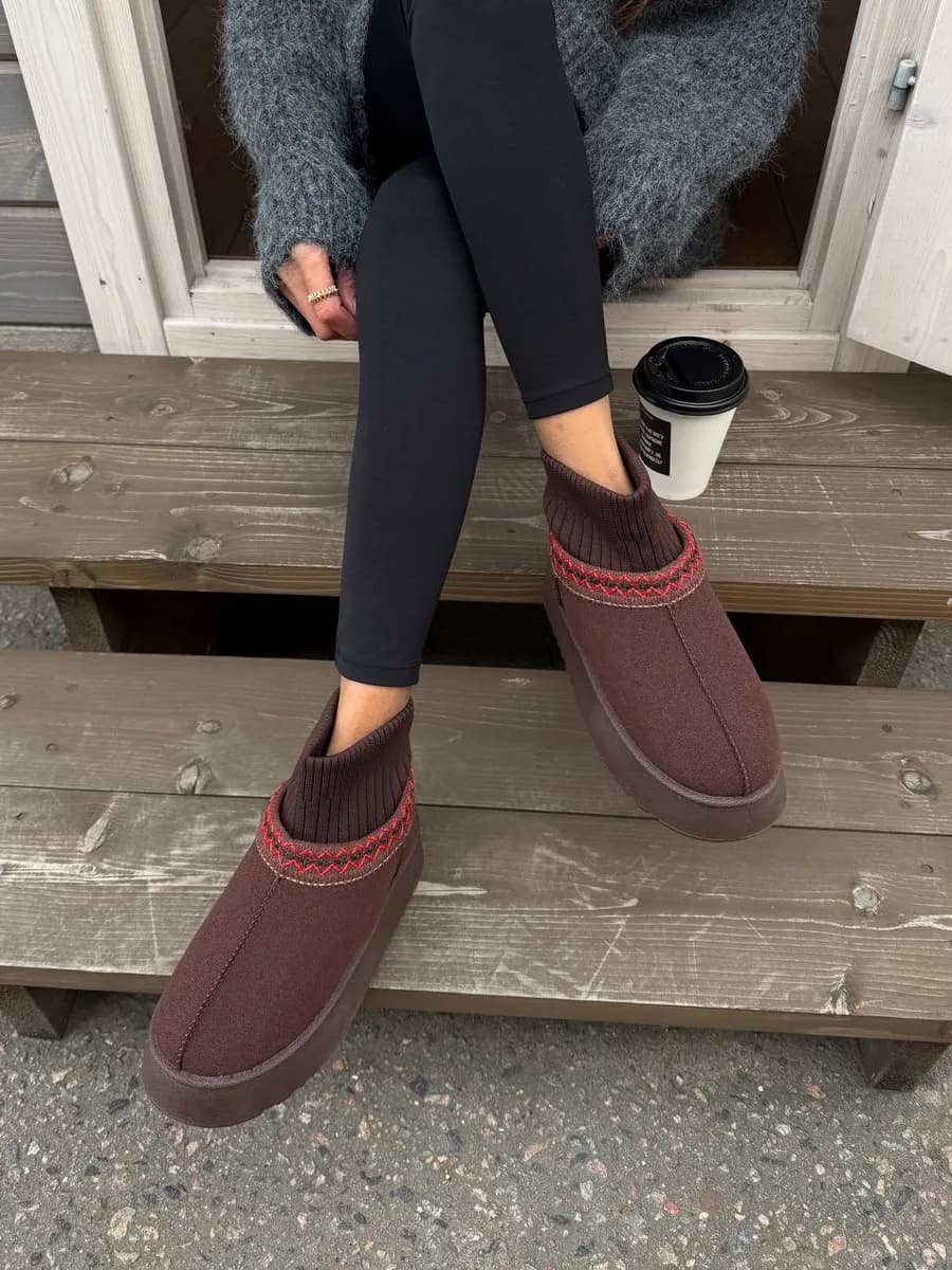 Женские зимние угги на платформе с трикотажным верхом