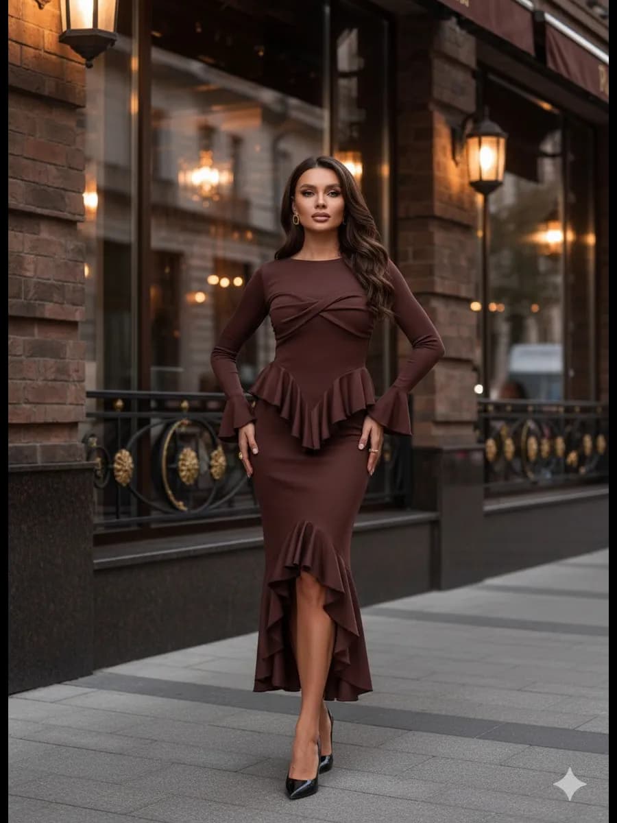 Вечернее платье с баской и воланами