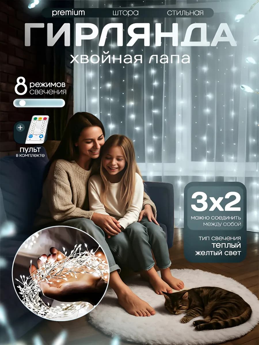 Гирлянда штора мишура хвойная лапа 3х2 белая на окно