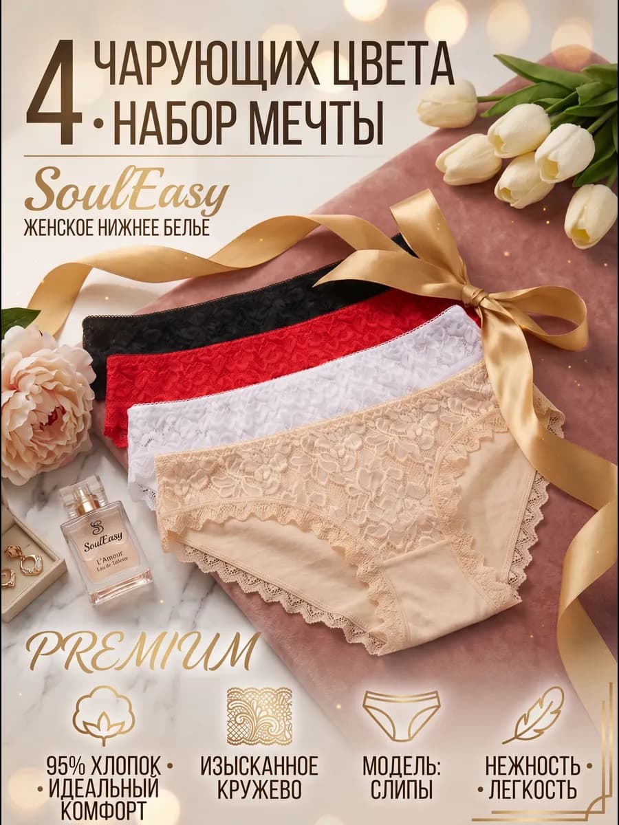 Трусы набор хлопок кружевные 4 штуки