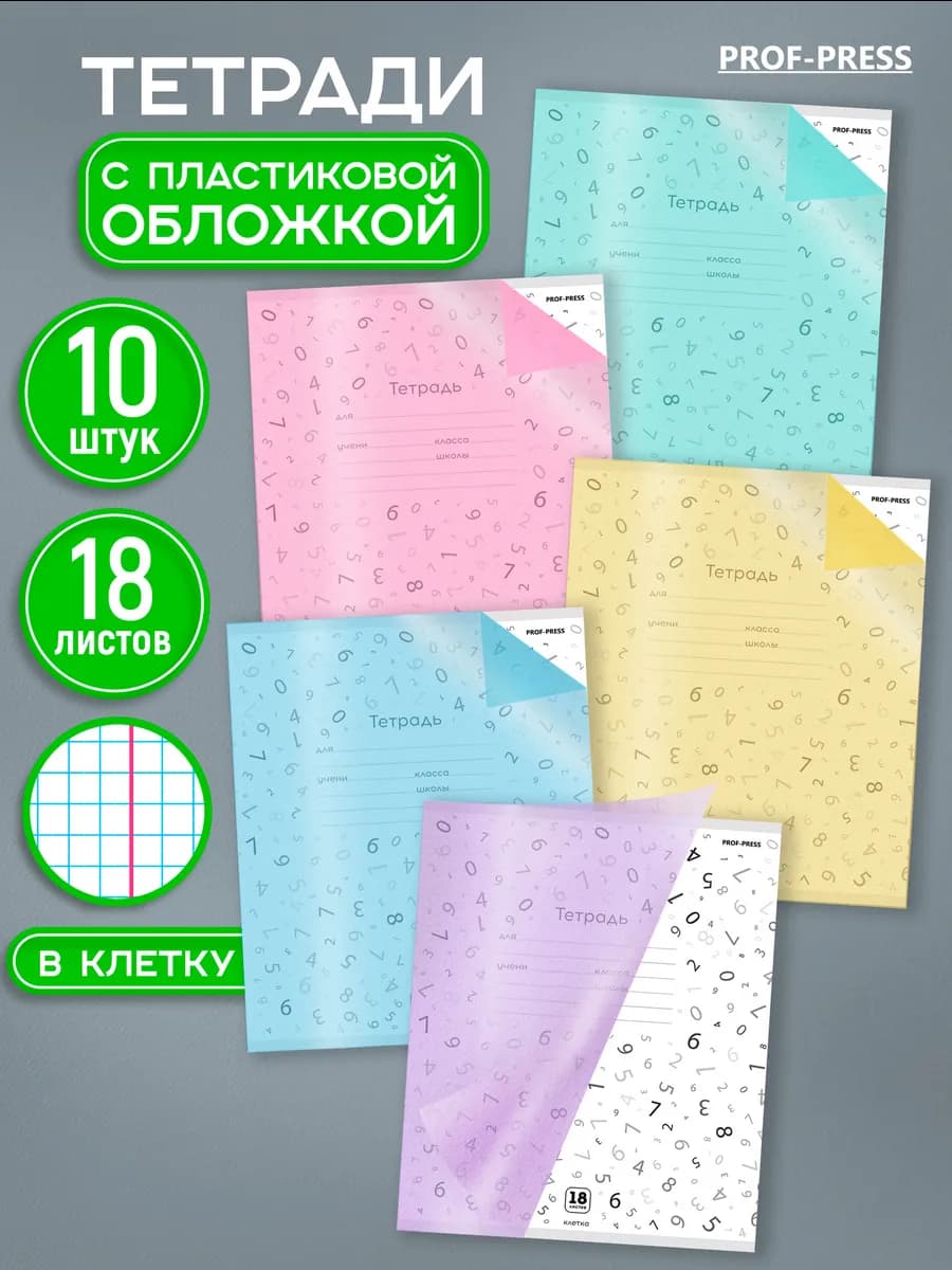 Тетрадь в клетку 18 листов 10 штук с пластиковой обложкой