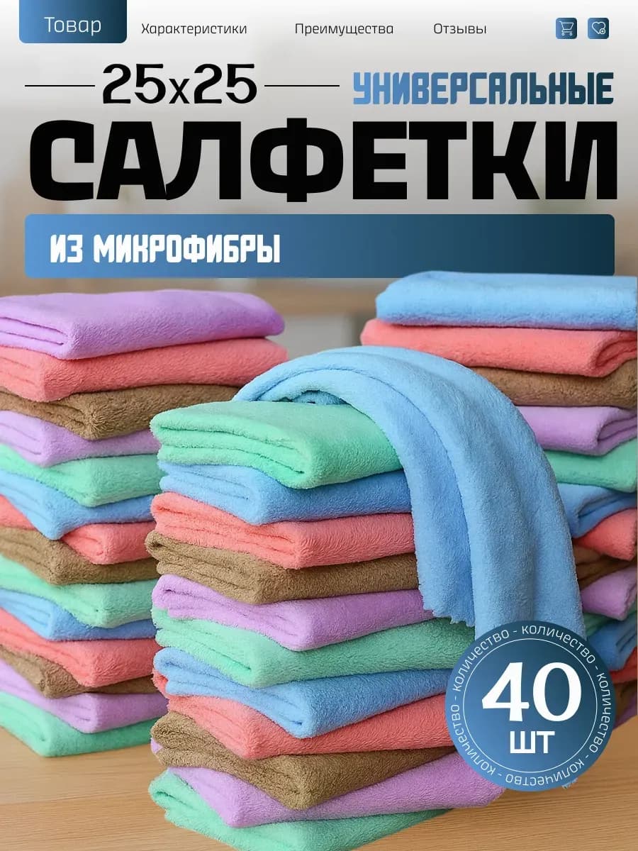 Салфетки для уборки из микрофибры 40 штук 25х25 см