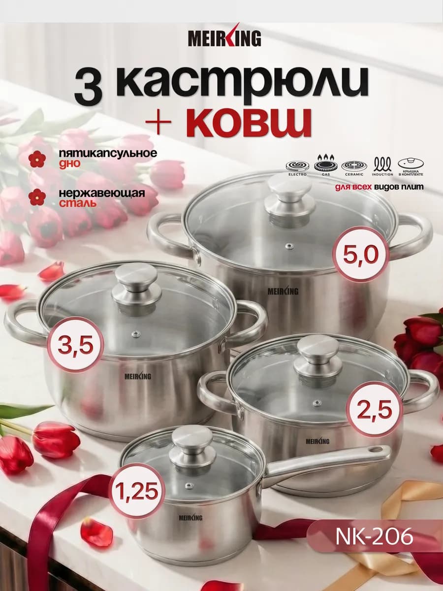 Набор кастрюль и ковш со стеклянными крышками