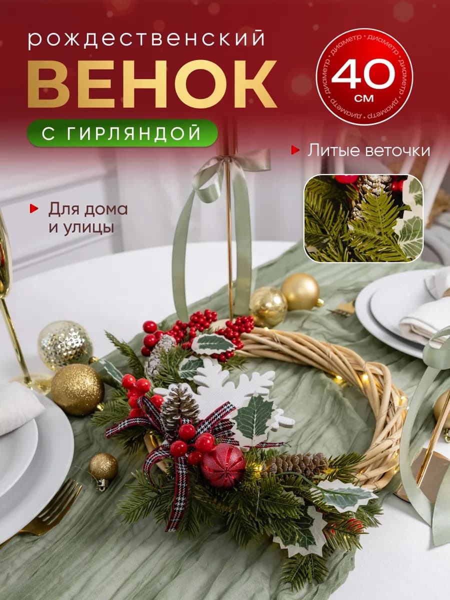 Венок новогодний хвойный рождественский с гирляндой 40 см - фото 1