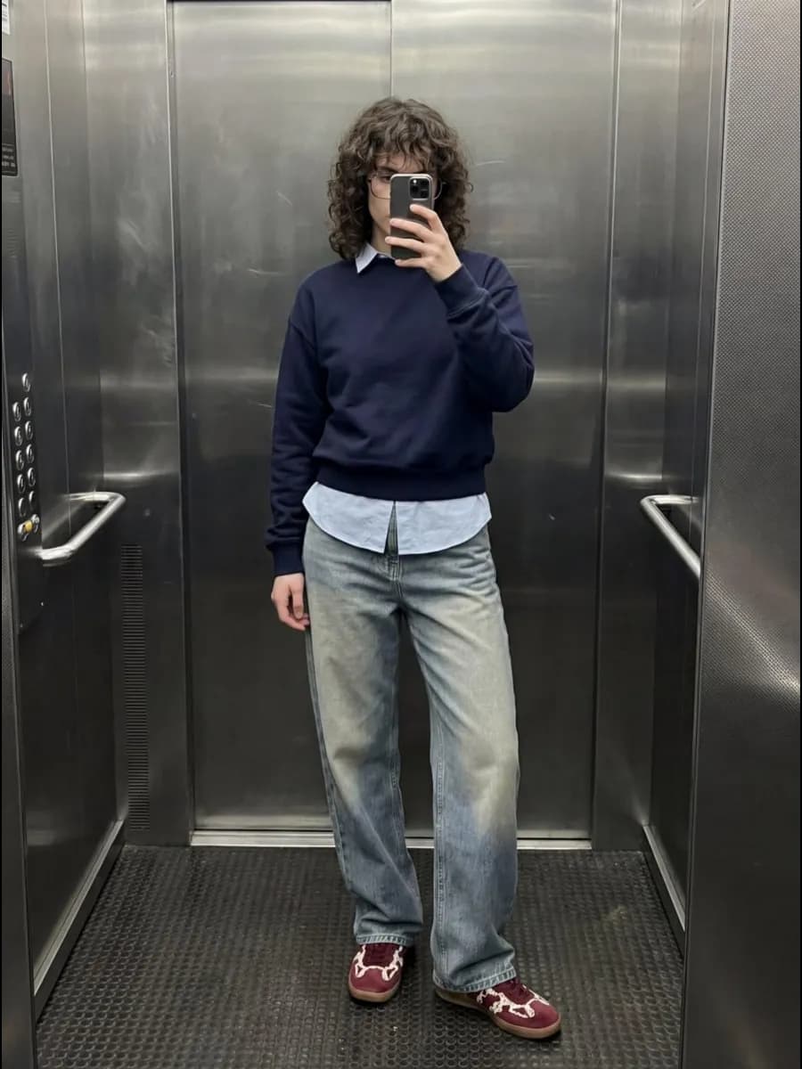 Джинсы трубы багги с потертостями на средней посадке