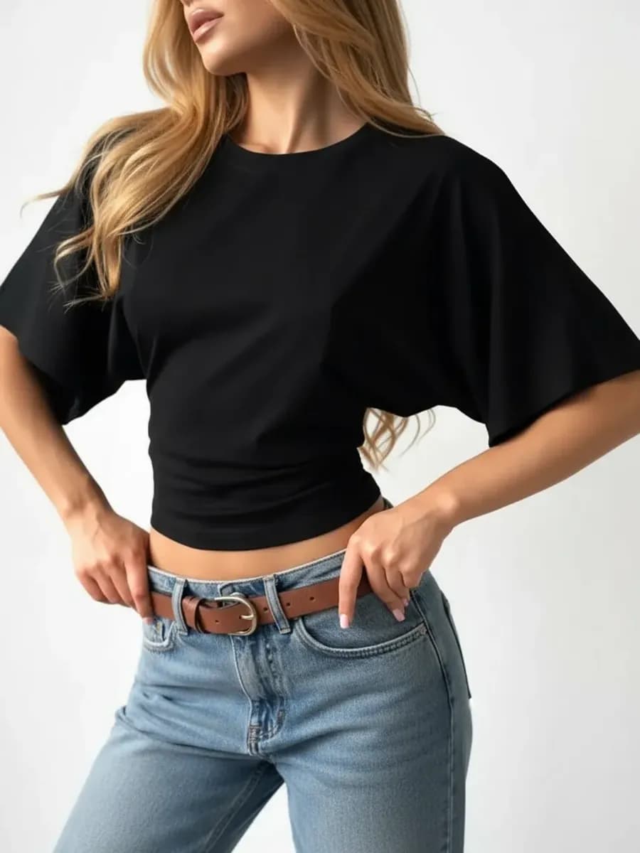 Облегающая футболка с широкими рукавами летучая мышь - фото 1