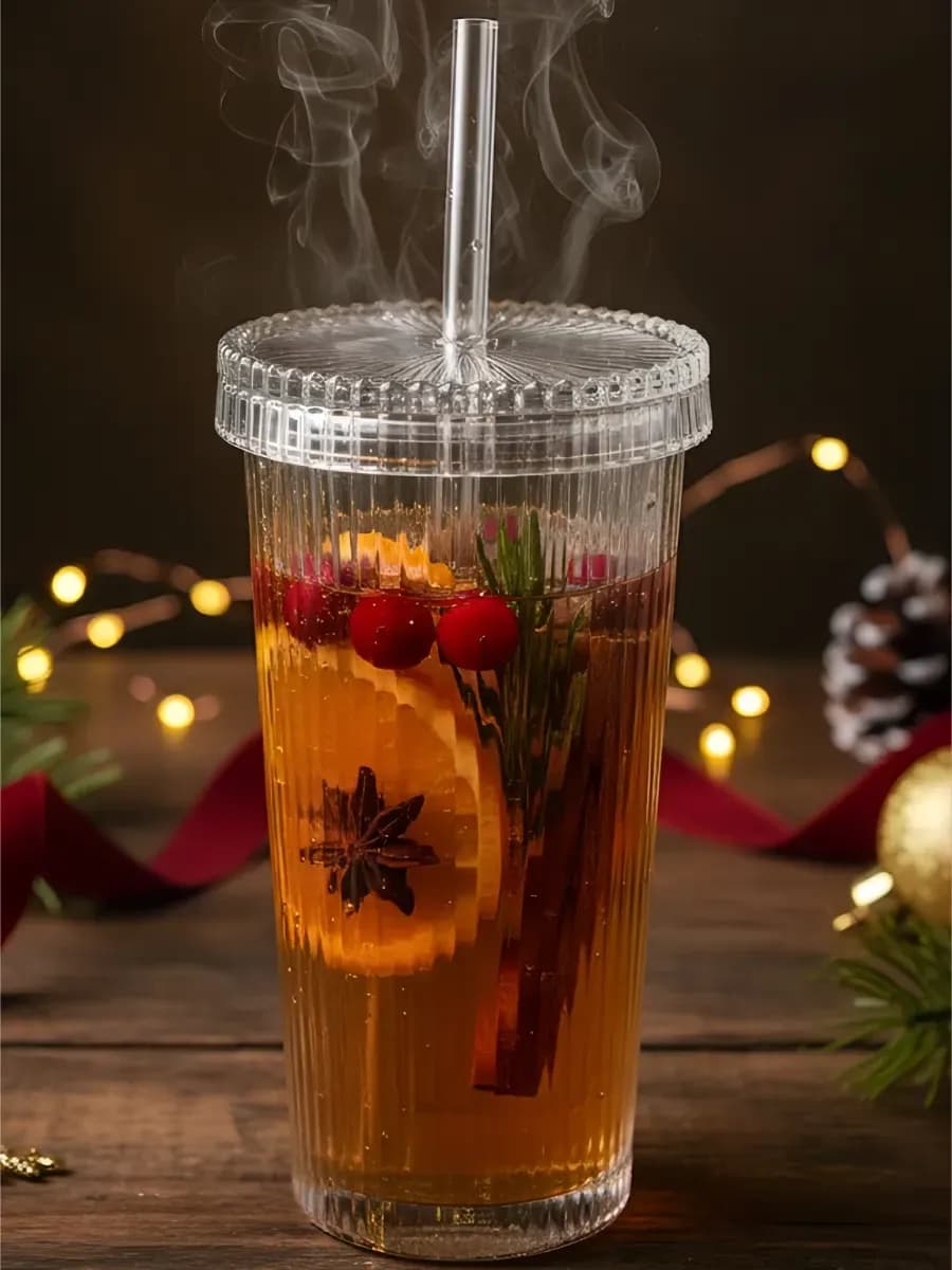 Стакан рифленый с трубочкой и крышкой, 375 мл