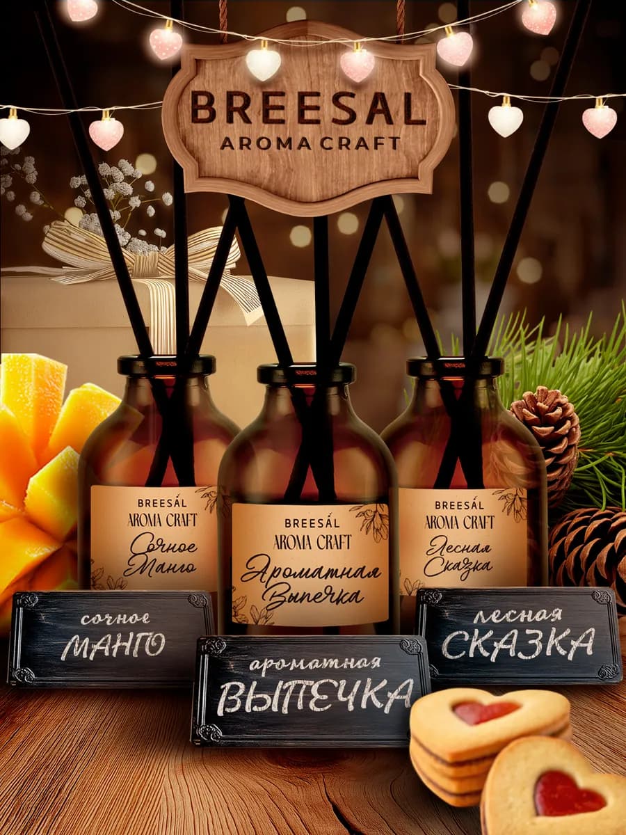 Диффузор для дома с палочками, Манго, Кедр, Печенье, 3 шт