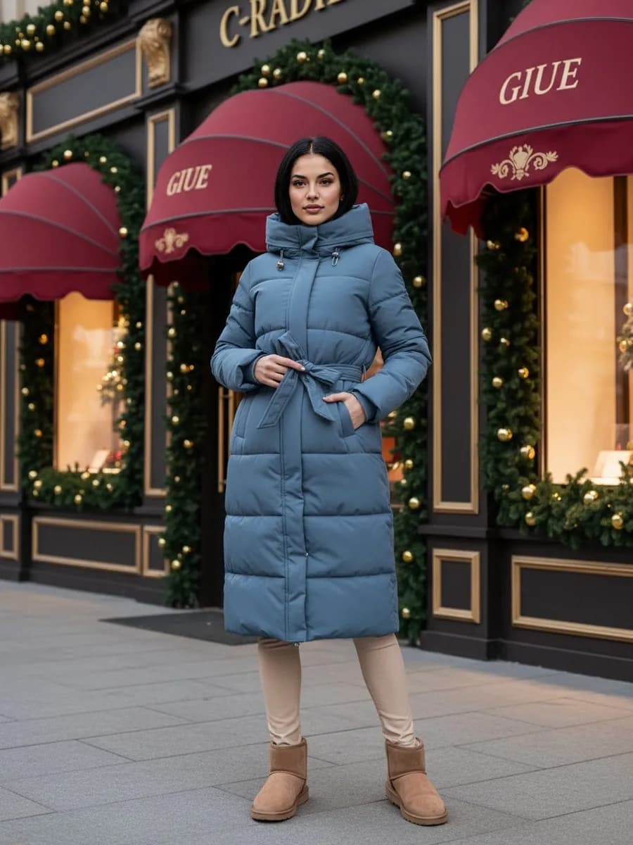 Пуховик длинный с капюшоном с поясом