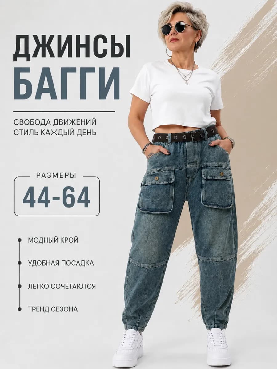 Джинсы багги широкие на резинке