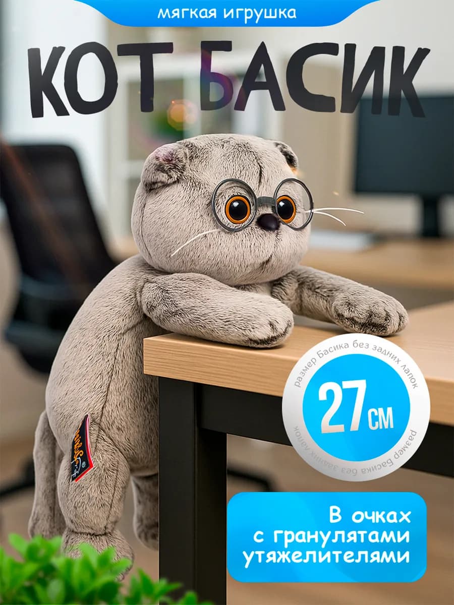Кот Басик Подушка в очках 27 см Оригинал
