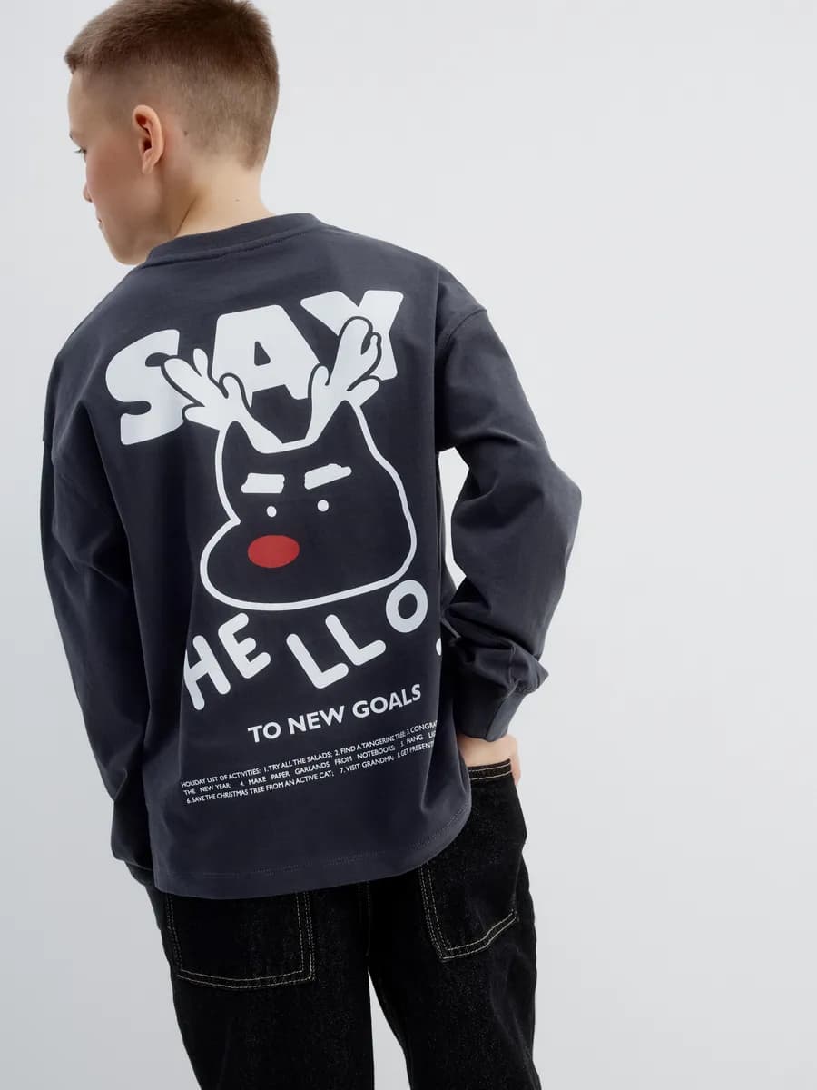 Лонгслив оверсайз из хлопка новогодний с принтом