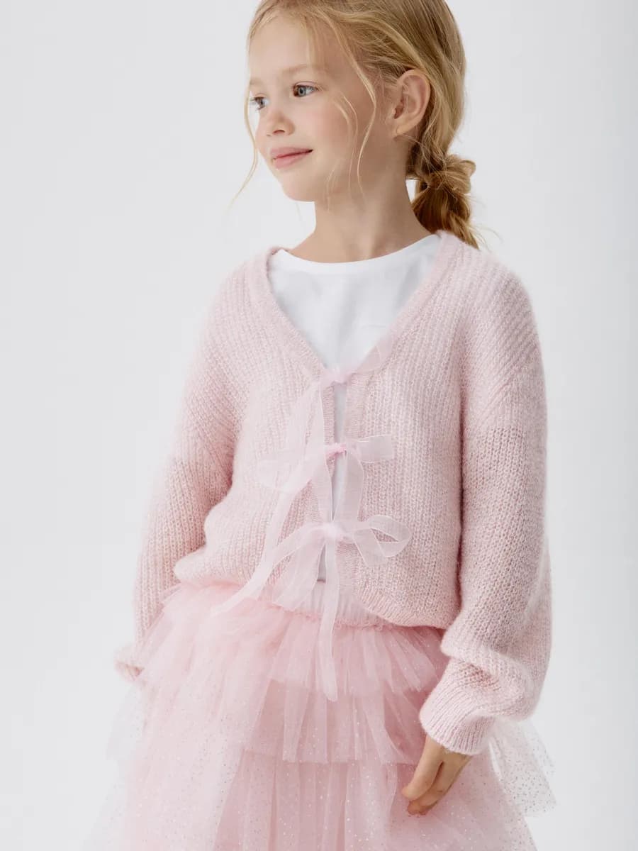 Вязаный кардиган розовый шерстяной с бантиками