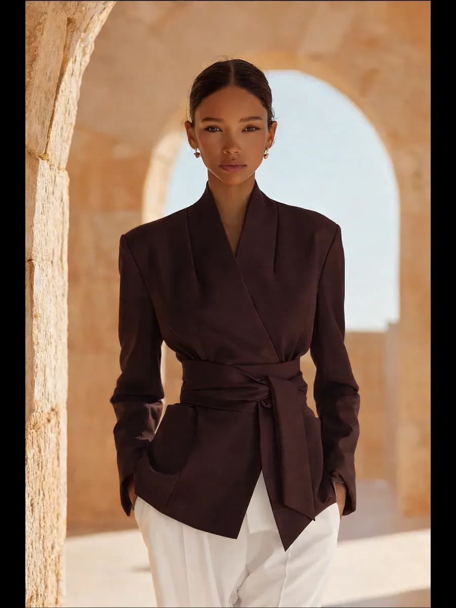 Пиджак жакет кимоно с поясом и воротником стойка