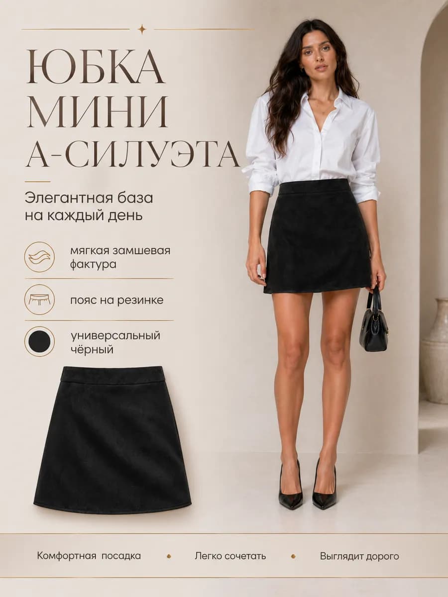 Юбка мини А-силуэта черная короткая с поясом на резинке