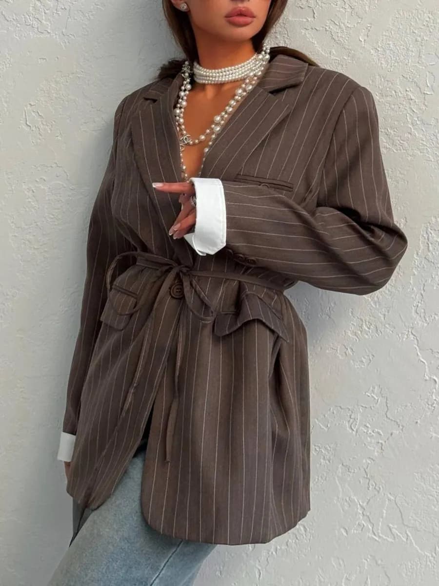 Пиджак в полоску оверсайз на завязках со съемными манжетами - фото 1
