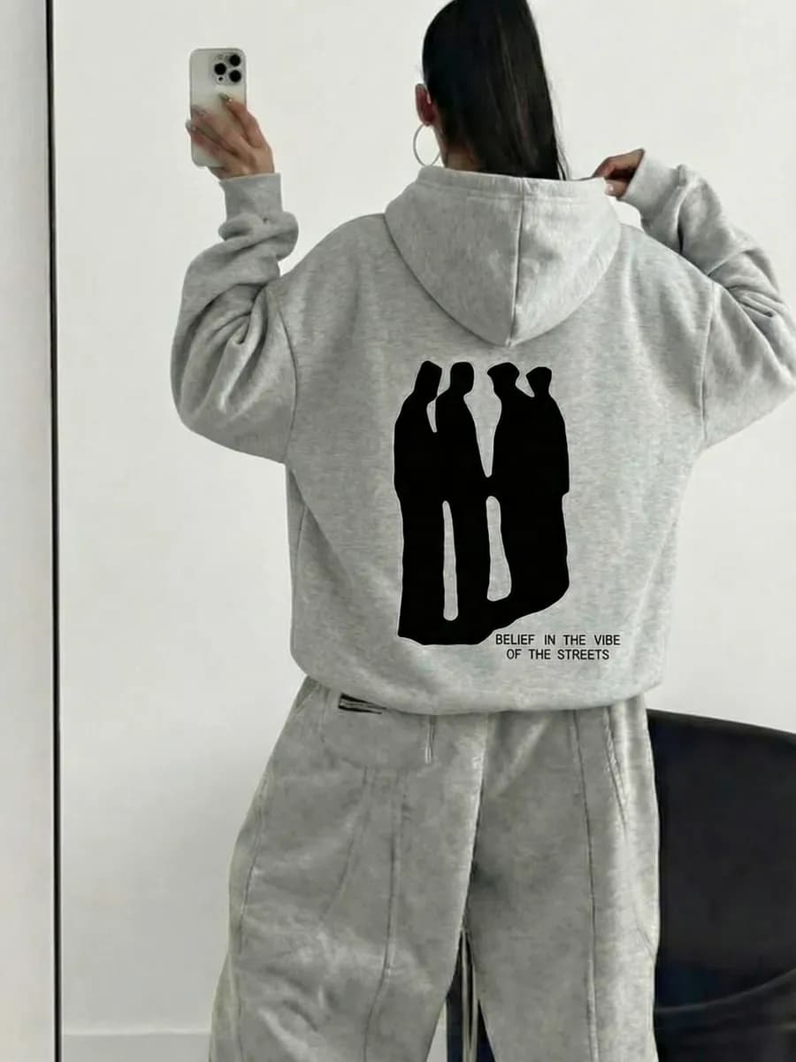 Худи оверсайз с принтом и капюшоном серое