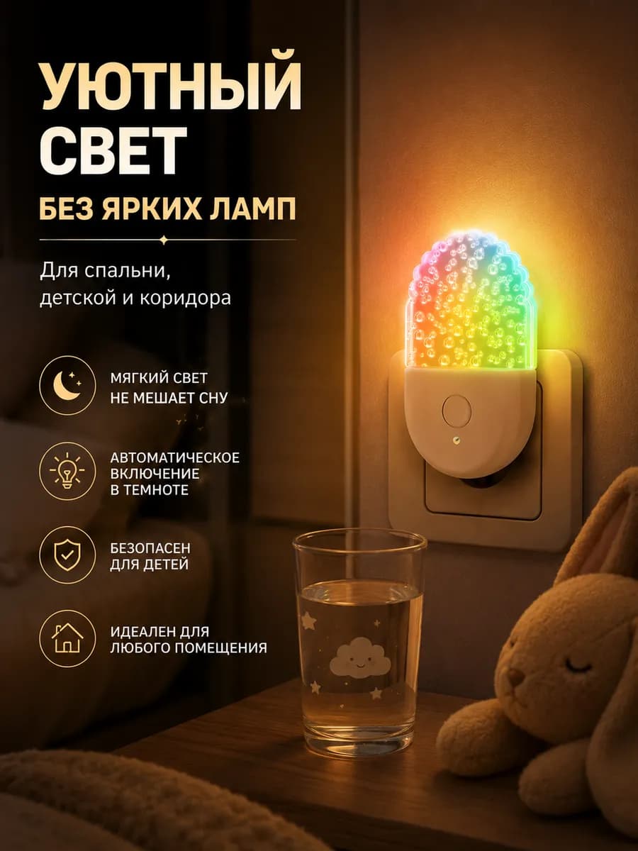 Ночник светильник светодиодный в розетку с датчиком света