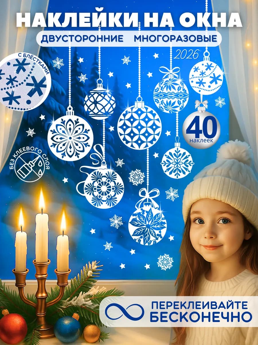 Наклейки на окна новогодние белые Ёлочные игрушки 2026