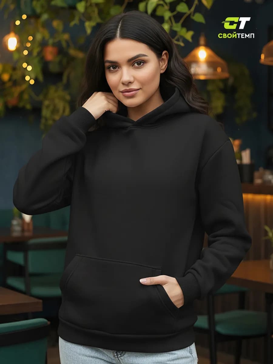 Худи женское черное оверсайз с капюшоном и начесом теплое