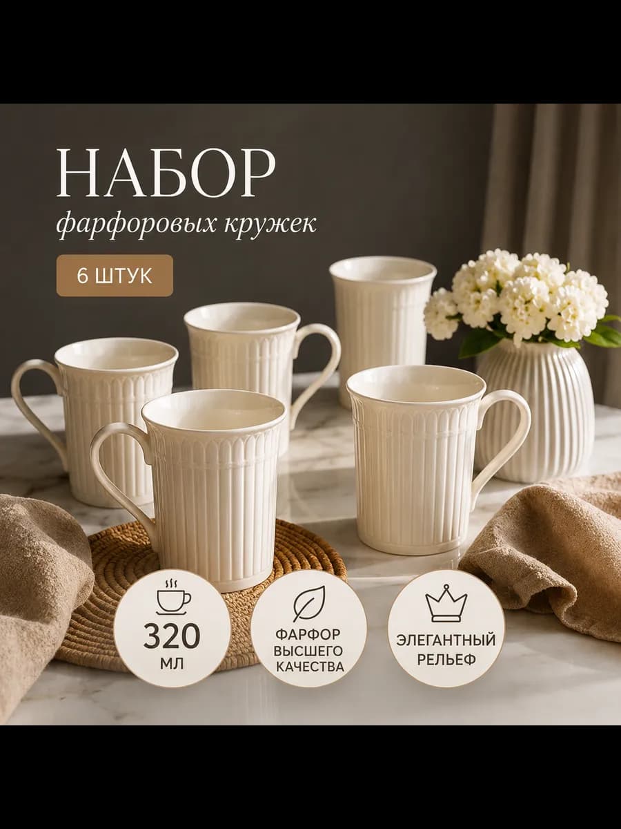 Чайный сервиз фарфоровый 6 предметов чашки 320 мл
