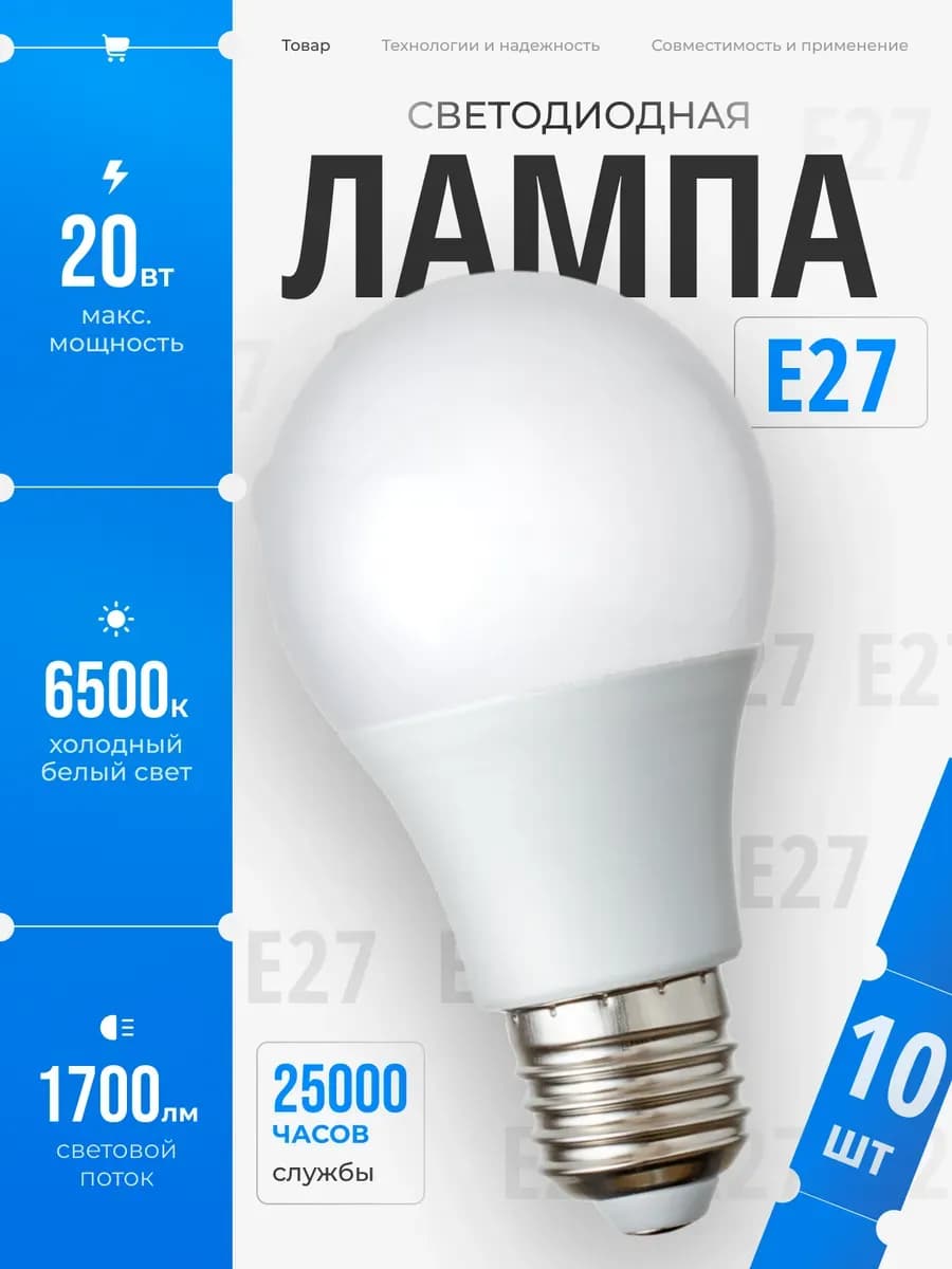 Светодиодные лампочки Е27 20 ВТ холодный свет 10 шт
