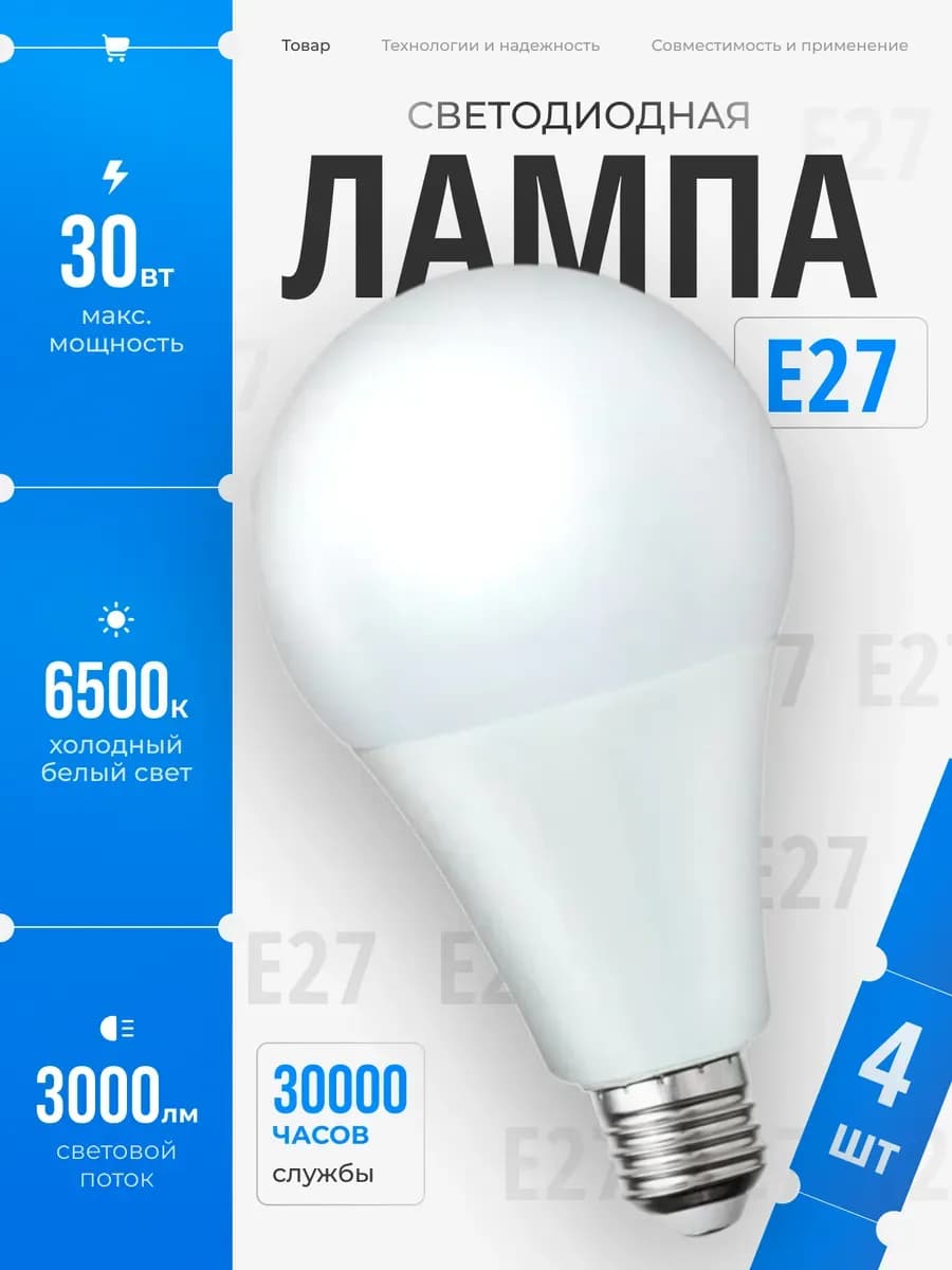 Светодиодные лампочки Е27 30 ВТ холодный свет 4 шт