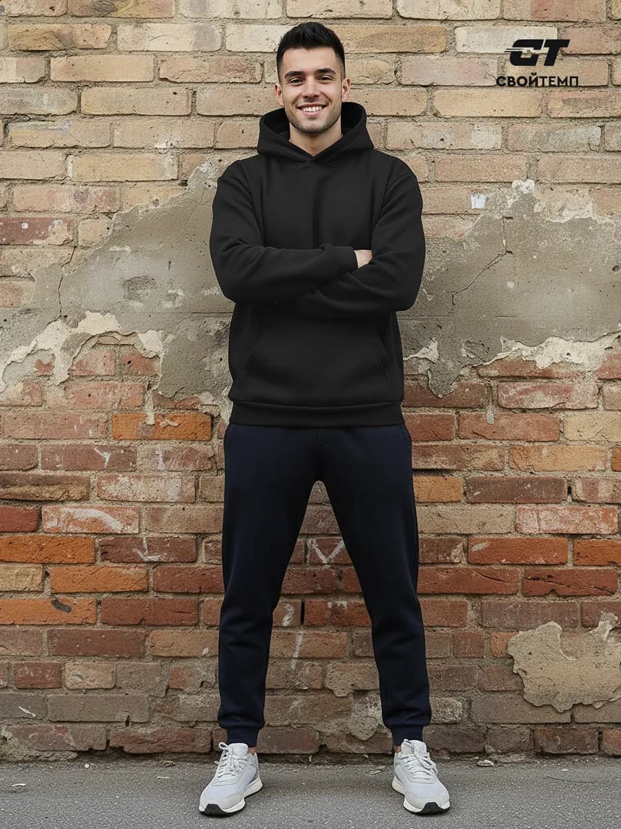 Худи базовое мужское черное оверсайз с капюшоном без начеса
