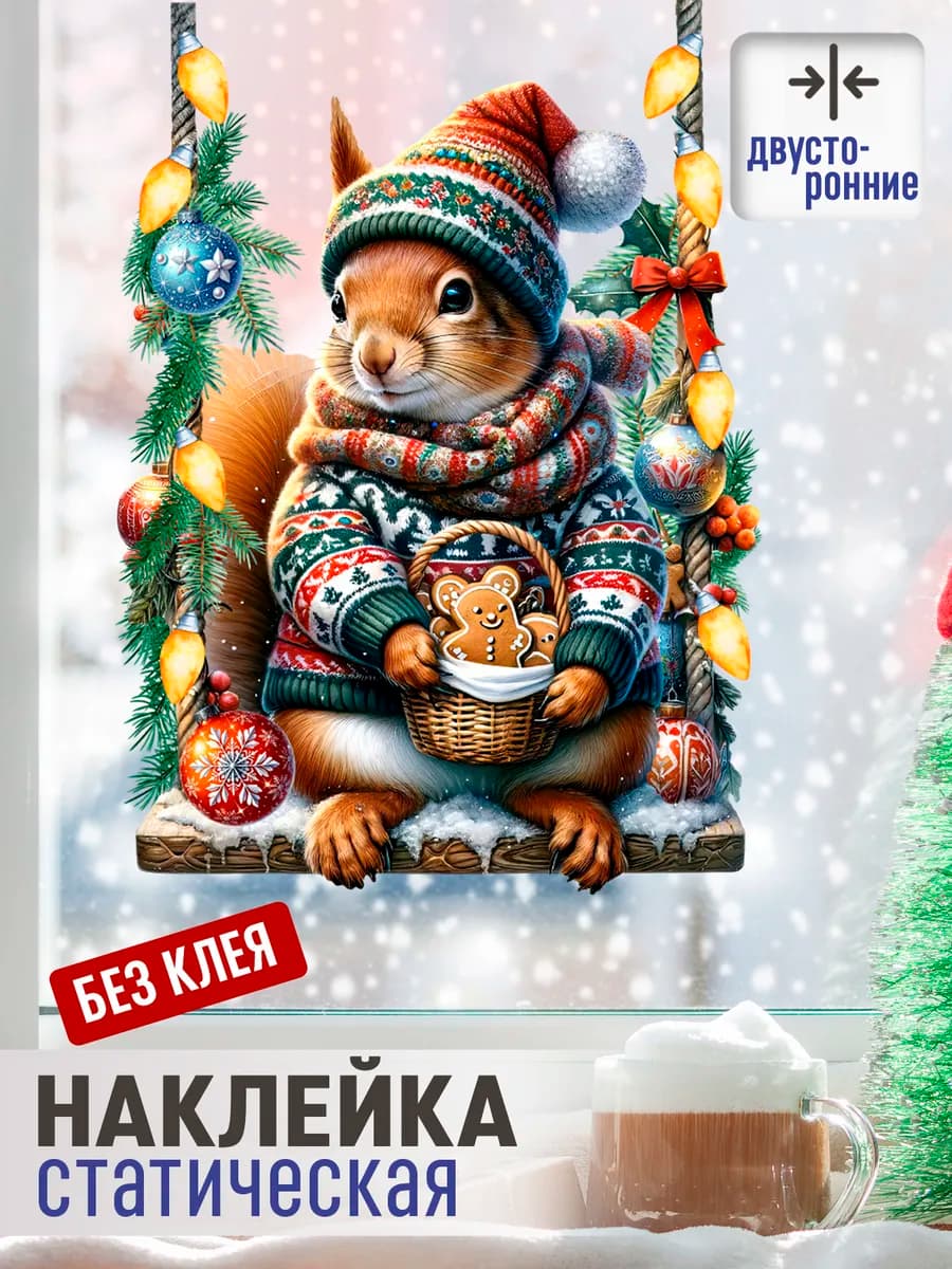 Статические двусторонние новогодние наклейки на окно Белочка