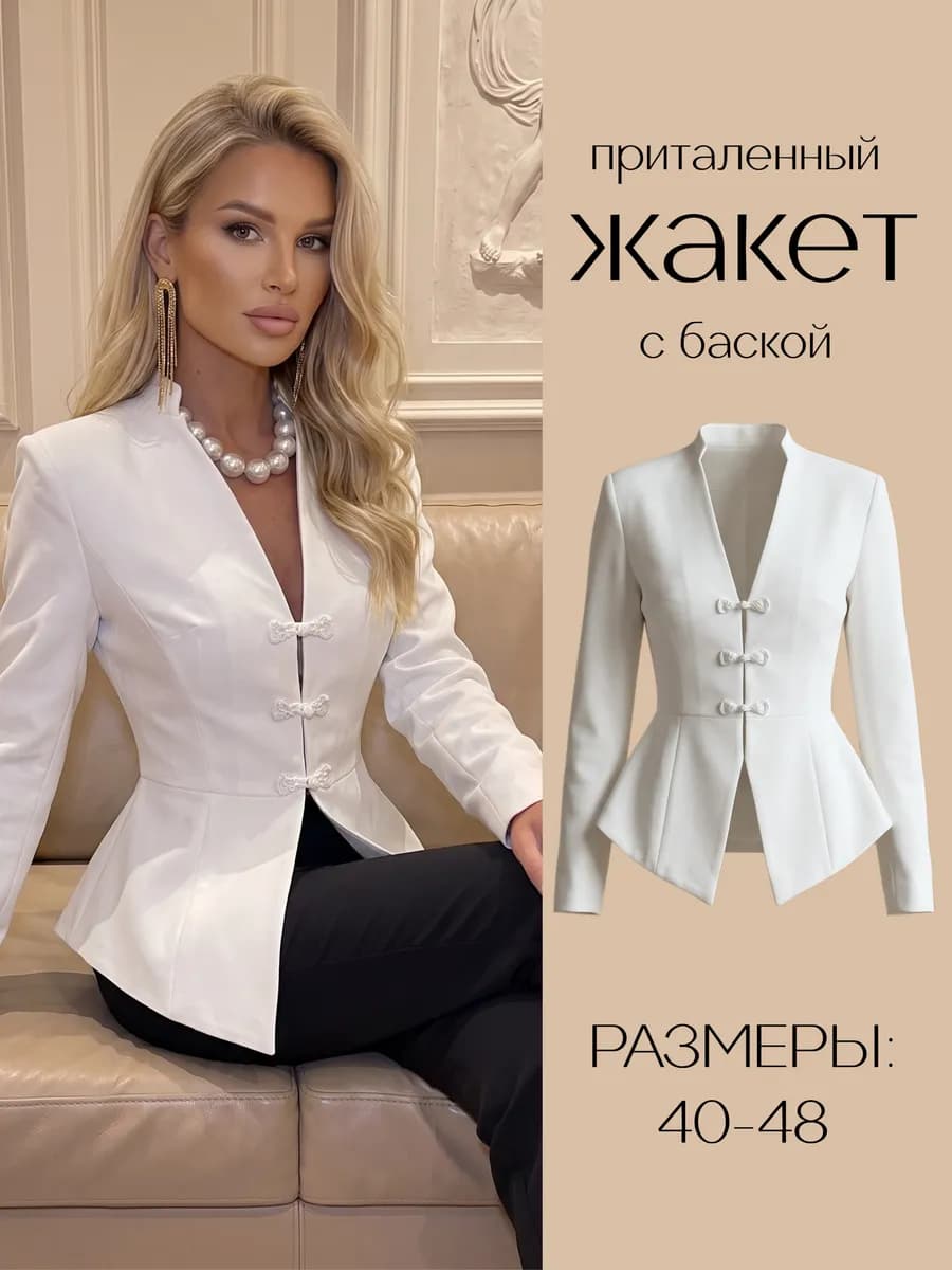 Вечерний пиджак с баской приталенный укороченный