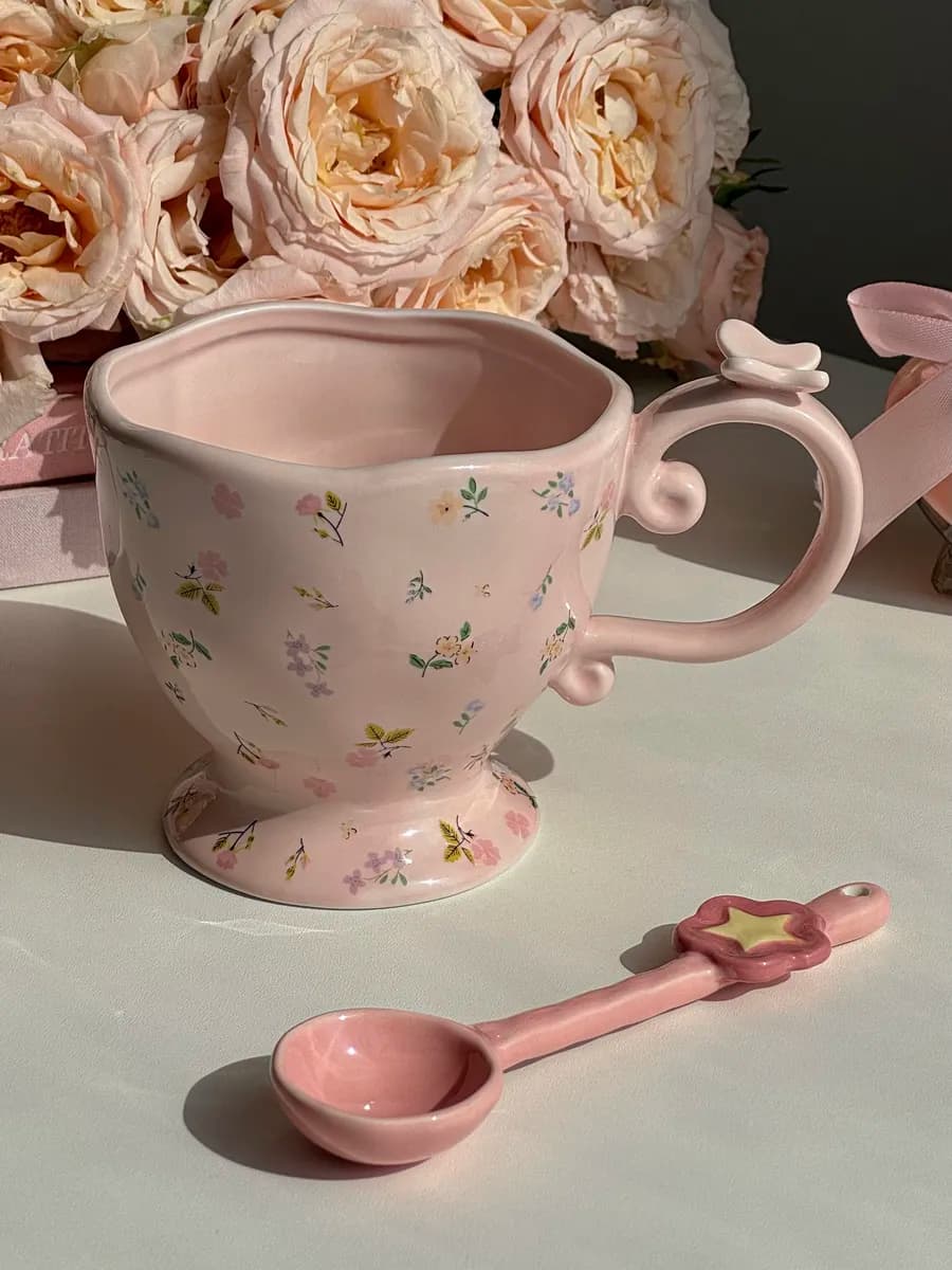 Кружка с ложкой керамическая для чая кофе чашка, 380 мл