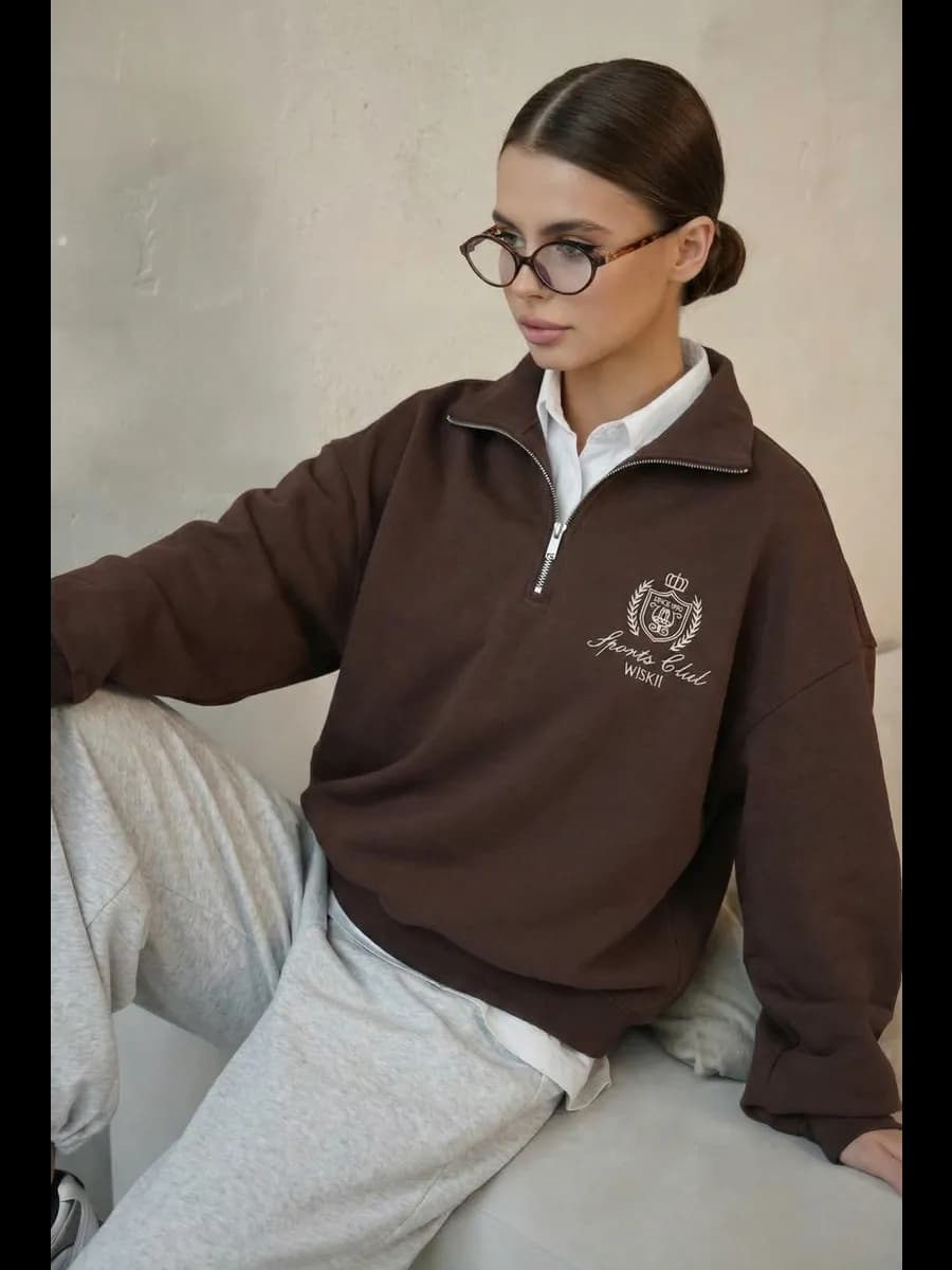 Свитшот полузамок оверсайз без начеса с принтом кофта - фото 1