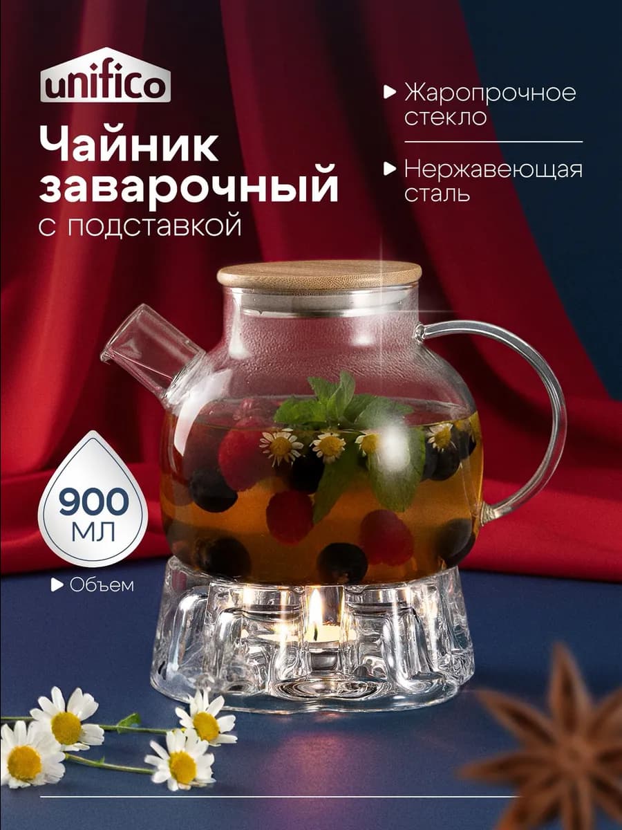 Чайник заварочный стеклянный с ситечком подставкой 900 мл - фото 1