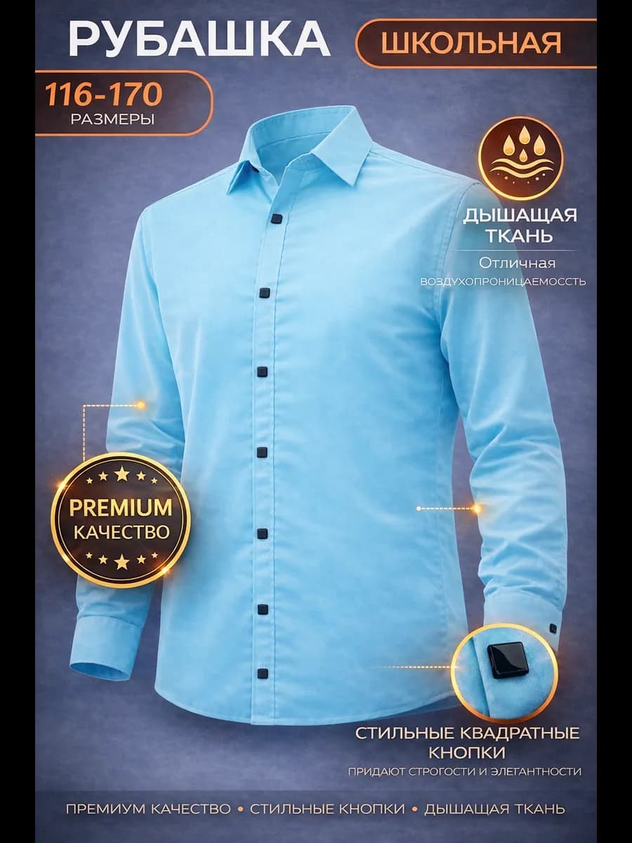Рубашка для мальчикa школьная на кнопках бирюзовая