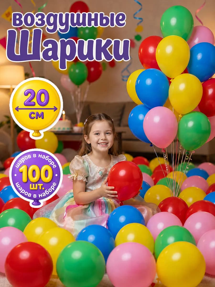 Воздушные шары набор для праздника однотонные 100 шт 20 см