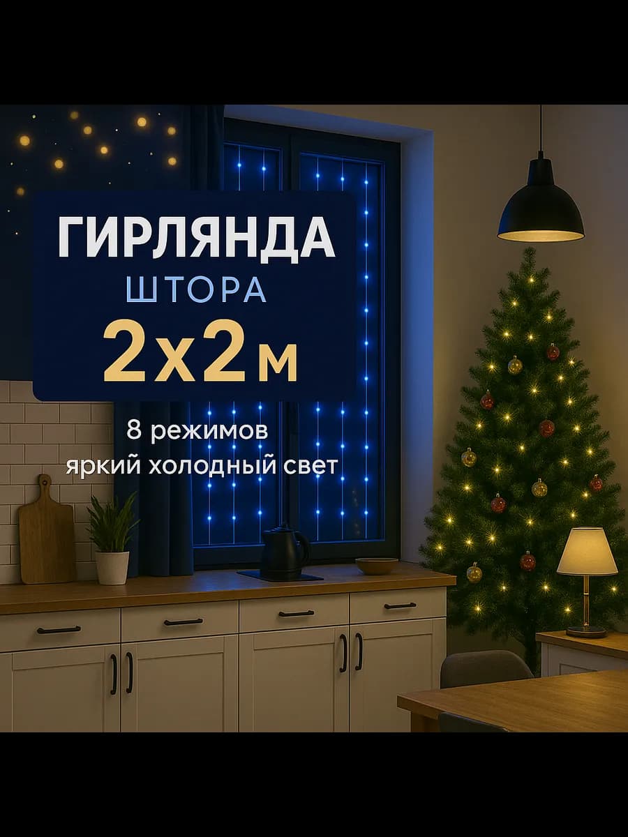 Гирлянда штора 2x2 свет синий