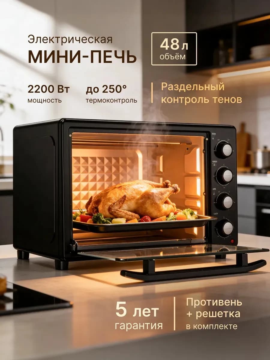 Духовка электрическая настольная мини-печь 2200 Вт, 48 л - фото 1