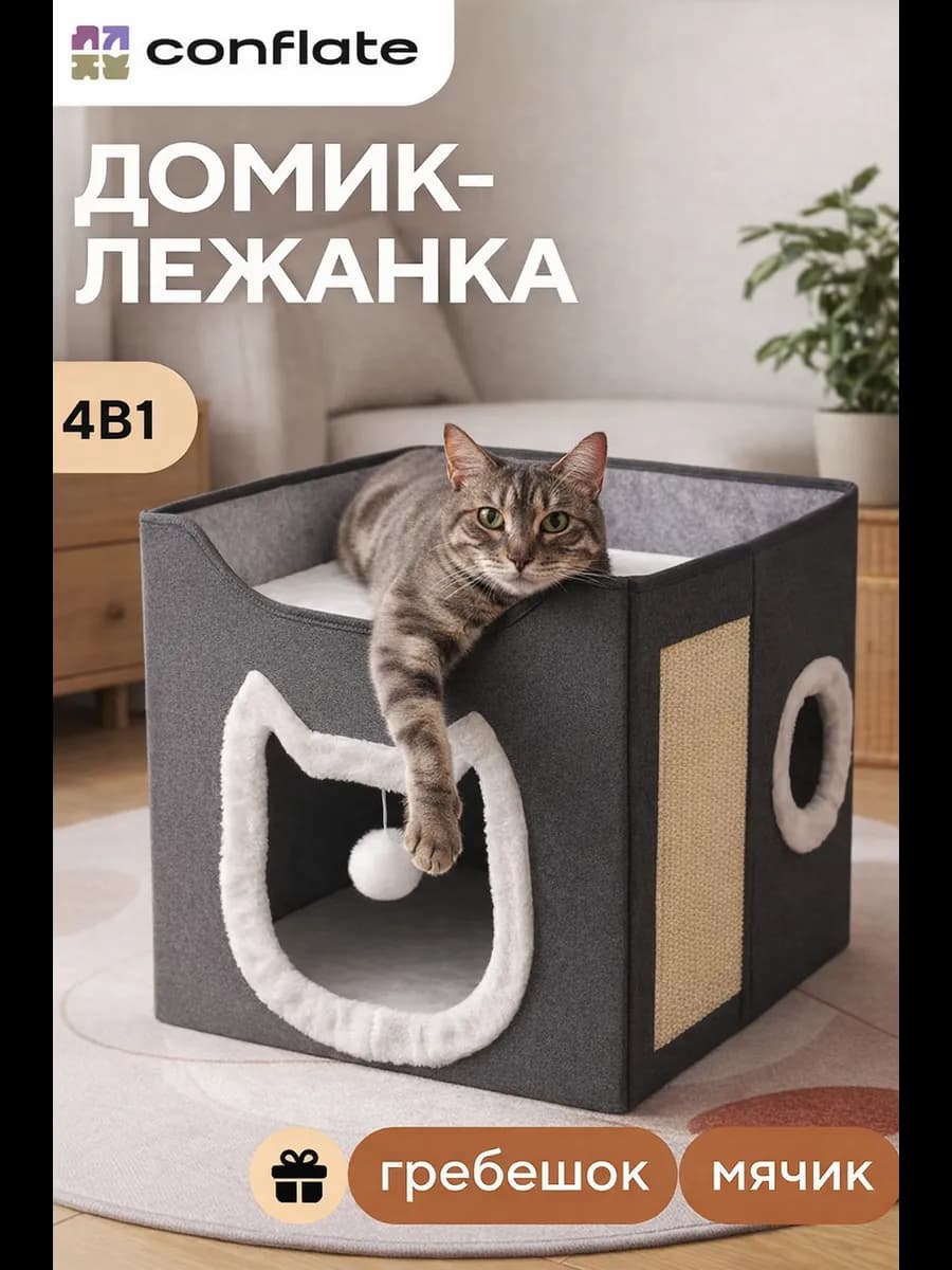 Домик для кошки с когтеточкой и лежанкой