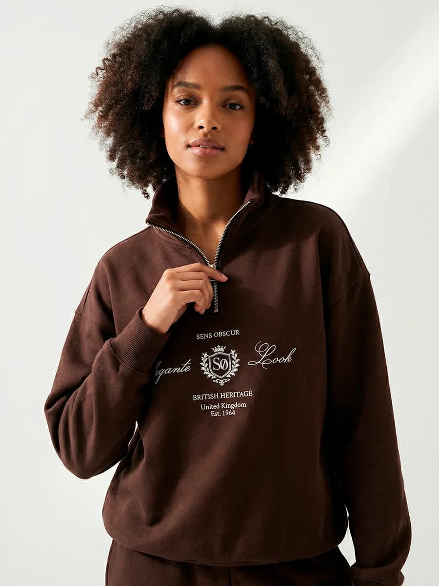 Свитшот полузамок оверсайз без начеса с принтом кофта