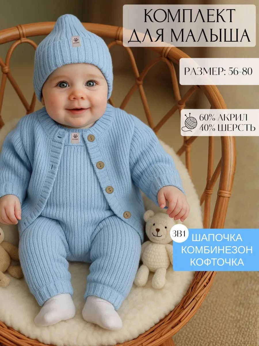 Комплект вязаный для новорожденных костюм от 0 - 6 месяцев