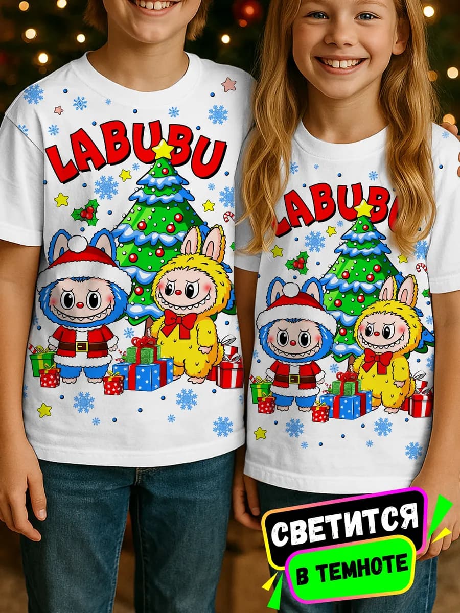 Футболка детская белая новогодняя лабубу