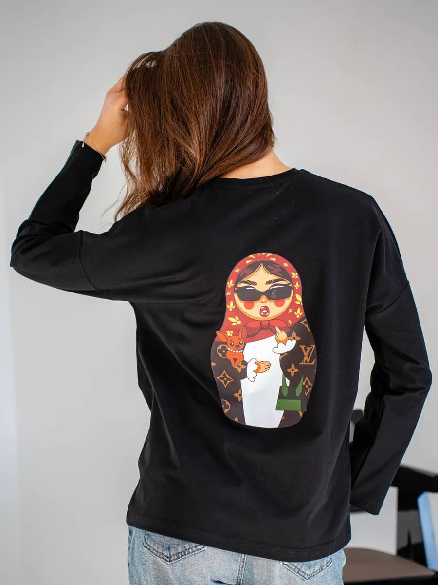 Лонгслив из хлопка однотонный оверсайз с принтом матрешки
