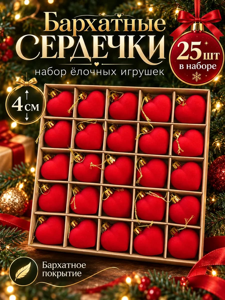 Новогодние елочные игрушки украшения бархатные сердечки