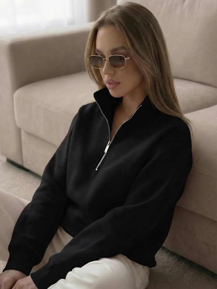 Оверсайз свитшот начес полузамок воротник молния утепленный