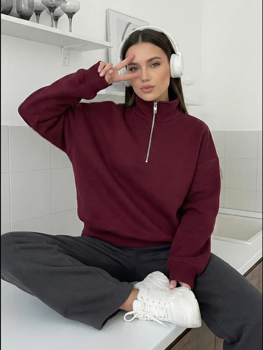 Оверсайз свитшот начес полузамок воротник молния утепленный