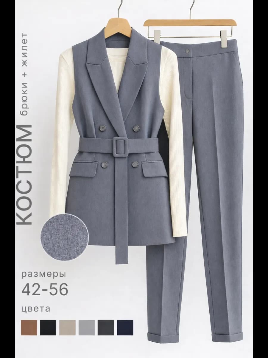 Брючный костюм деловой с жилеткой