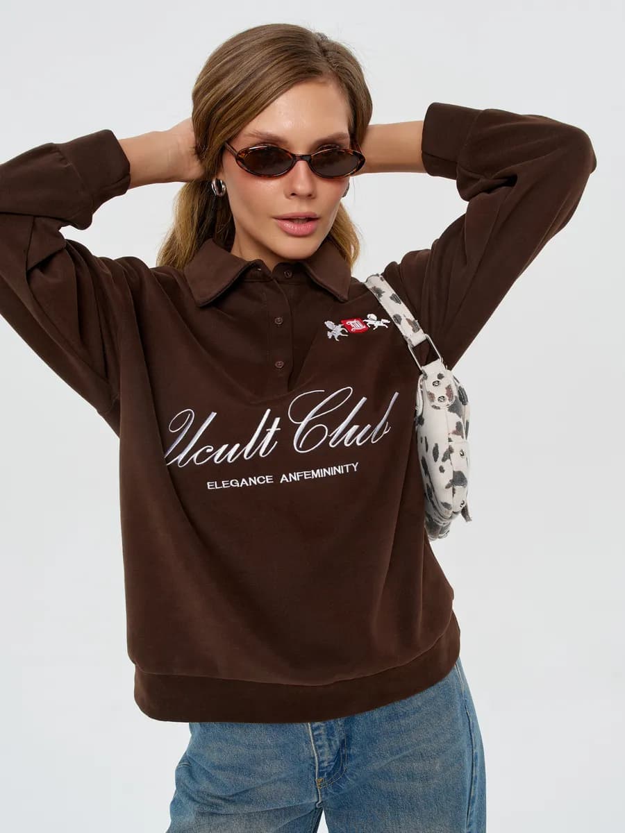 Свитшот оверсайз без начеса с воротником с принтом олд мани - фото 1