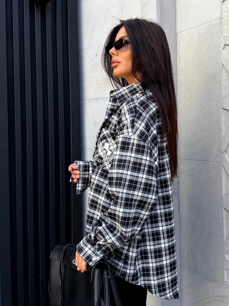 Рубашка в клетку оверсайз удлиненная теплая