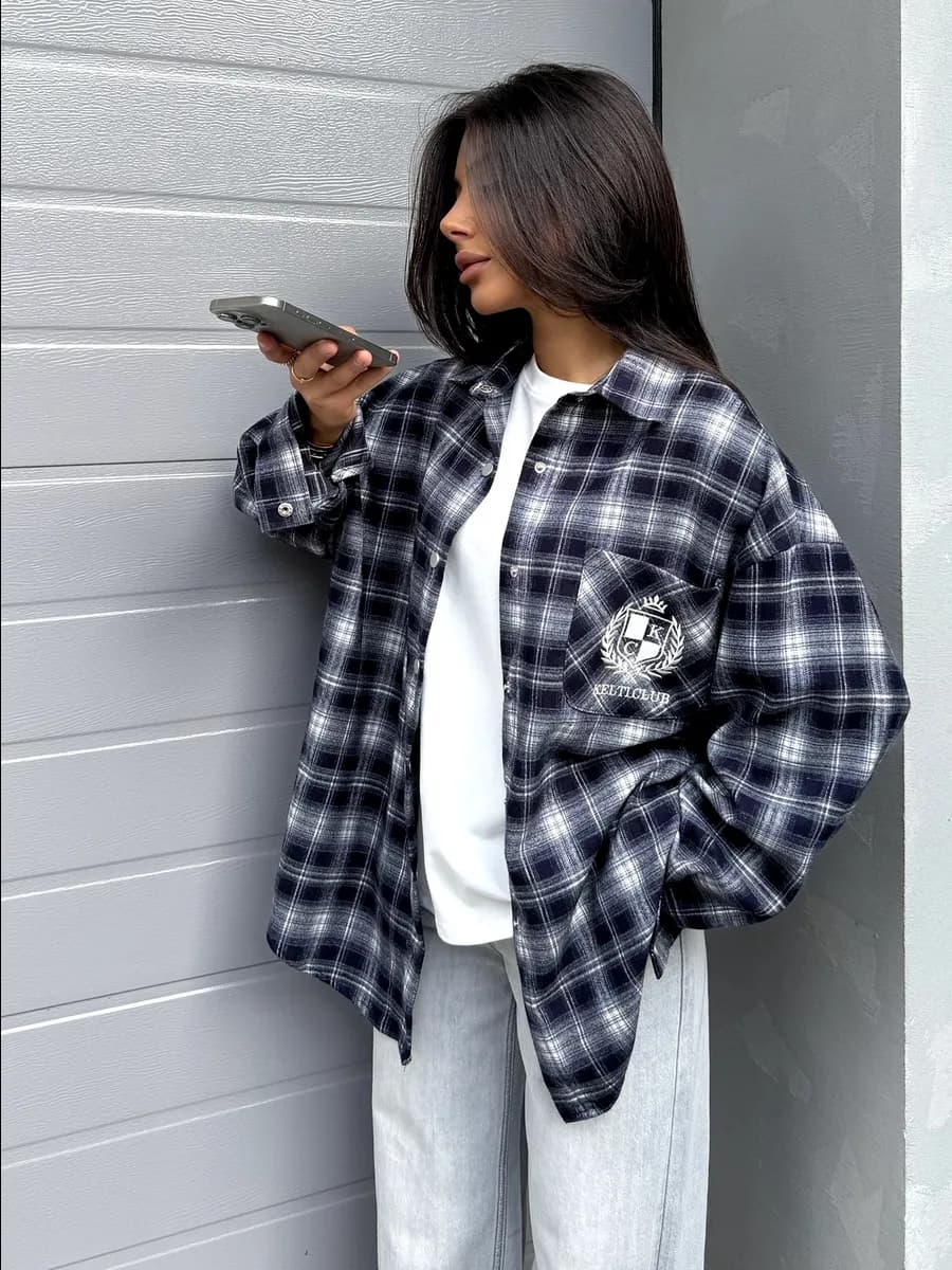 Рубашка в клетку оверсайз удлиненная теплая