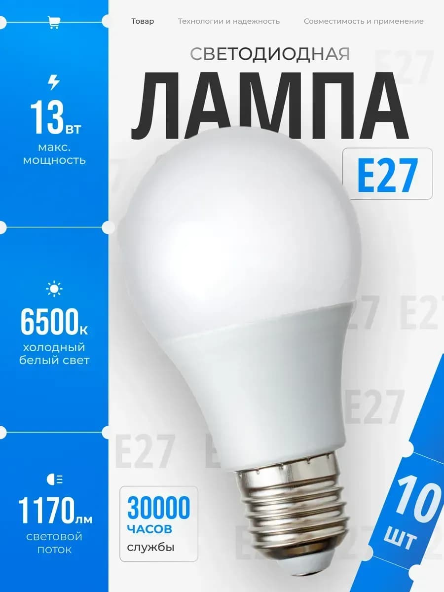 Светодиодные лампочки Е27 13 ВТ холодный свет 10 шт